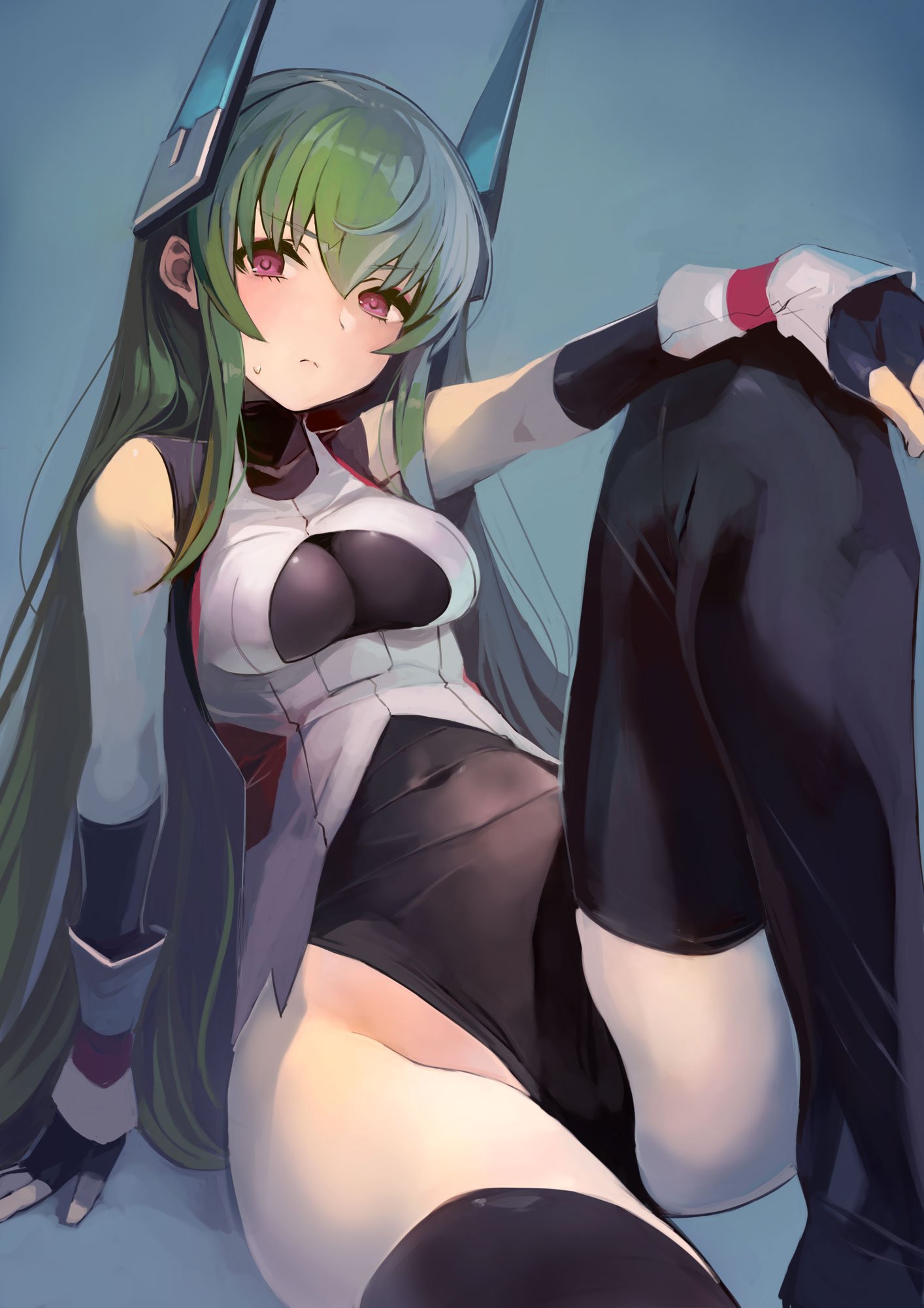 1girl arm_support bangs bare_shoulders black_legwear black_leotard breasts closed_mouth commentary_request elbow_gloves eyebrows_visible_through_hair fingerless_gloves gloves green_hair headgear highleg highleg_leotard highres knee_up leotard long_hair looking_at_viewer medium_breasts menou_kaname original shiny shiny_hair sidelocks simple_background sitting skin_tight sleeveless solo sweat sweatdrop taishi_(picchiridou) thigh-highs thighs turtleneck violet_eyes