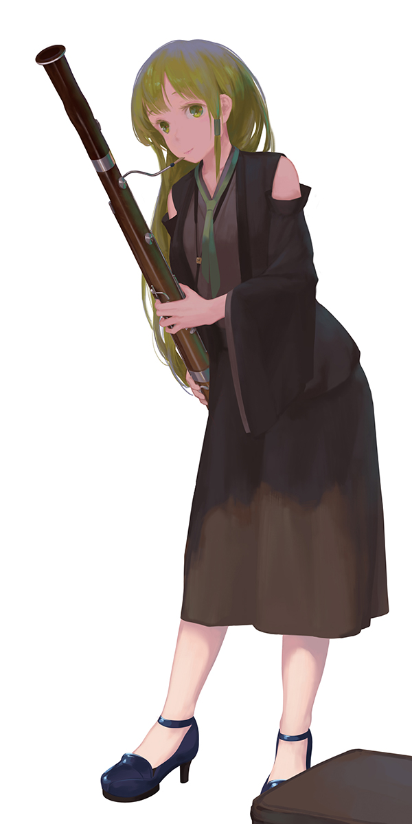 1girl alternate_costume bassoon black_skirt blue_footwear check_instrument closed_mouth detached_sleeves green_eyes green_hair green_neckwear hair_ornament high_heels holding holding_instrument instrument jq kochiya_sanae leaning_forward long_hair long_skirt long_sleeves looking_at_viewer no_socks shoes skirt smile solo standing touhou wide_sleeves