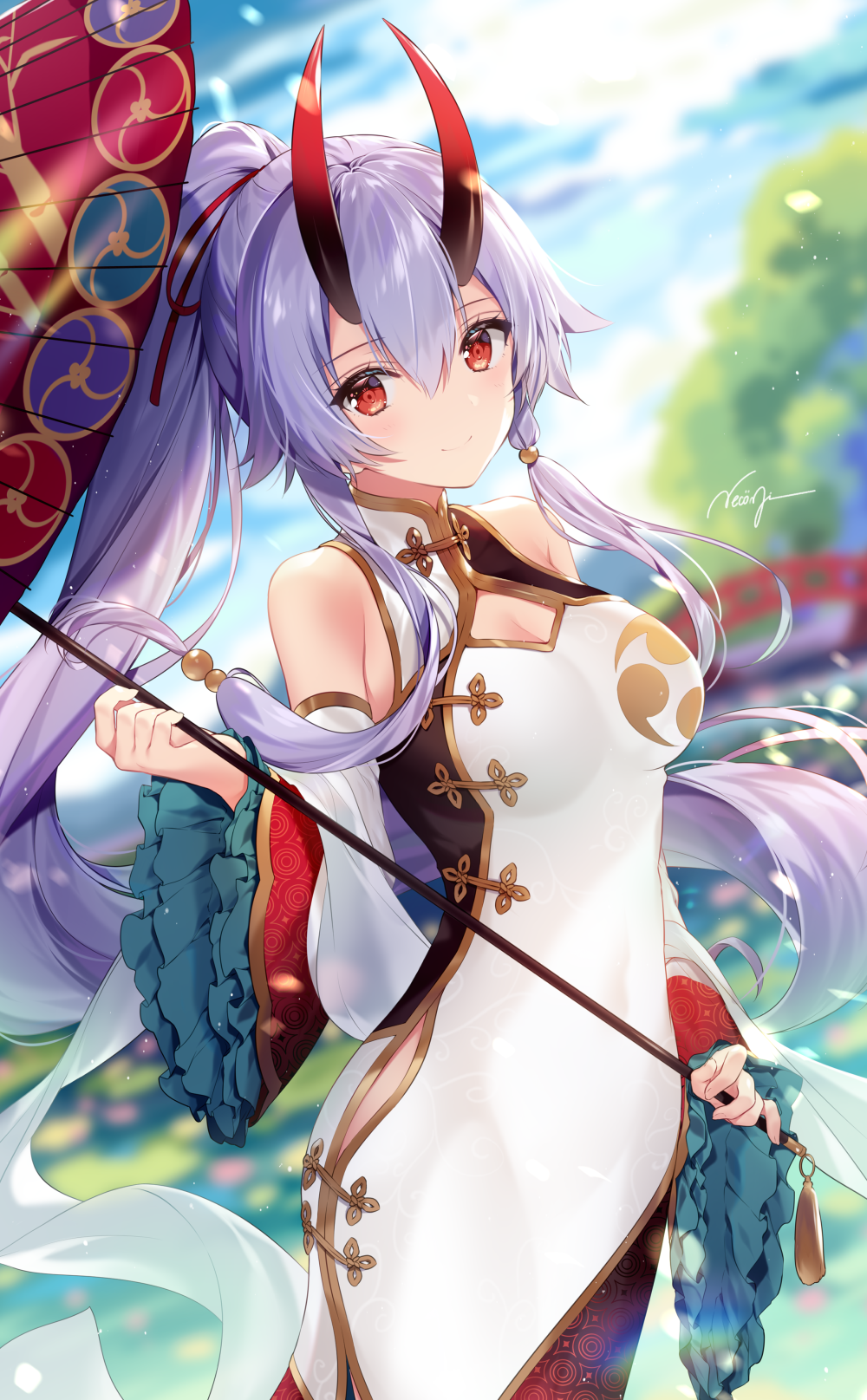 1girl bangs blue_sky blush breasts bridge china_dress chinese_clothes cleavage cleavage_cutout closed_mouth clouds commentary_request cowboy_shot day detached_sleeves dress fate/grand_order fate_(series) garden hair_between_eyes hair_ribbon heroic_spirit_traveling_outfit highres holding holding_umbrella horns large_breasts light_particles long_hair looking_at_viewer multi-tied_hair necomi oni_horns oriental_umbrella outdoors ponytail red_eyes ribbon side_slit signature silver_hair sky smile solo tied_hair tomoe_gozen_(fate/grand_order) umbrella very_long_hair water white_dress wide_sleeves