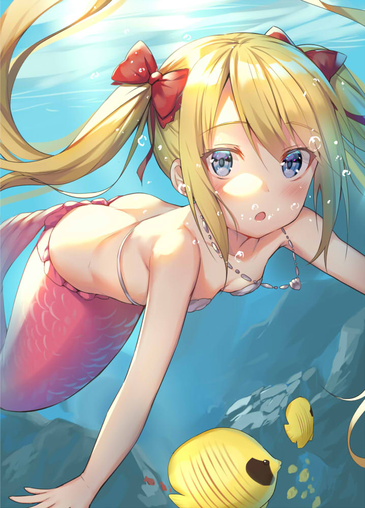1girl :o air_bubble alexmaster back bangs bare_arms bare_shoulders blonde_hair blue_eyes blush bow breasts bubble collarbone day eyebrows_visible_through_hair fish fish_request hair_bow jewelry long_hair looking_at_viewer mermaid monster_girl necklace original outdoors parted_lips red_bow scales school_of_fish shell shell_bikini shiny shiny_hair sidelocks small_breasts solo twintails underwater water white_bikini_top