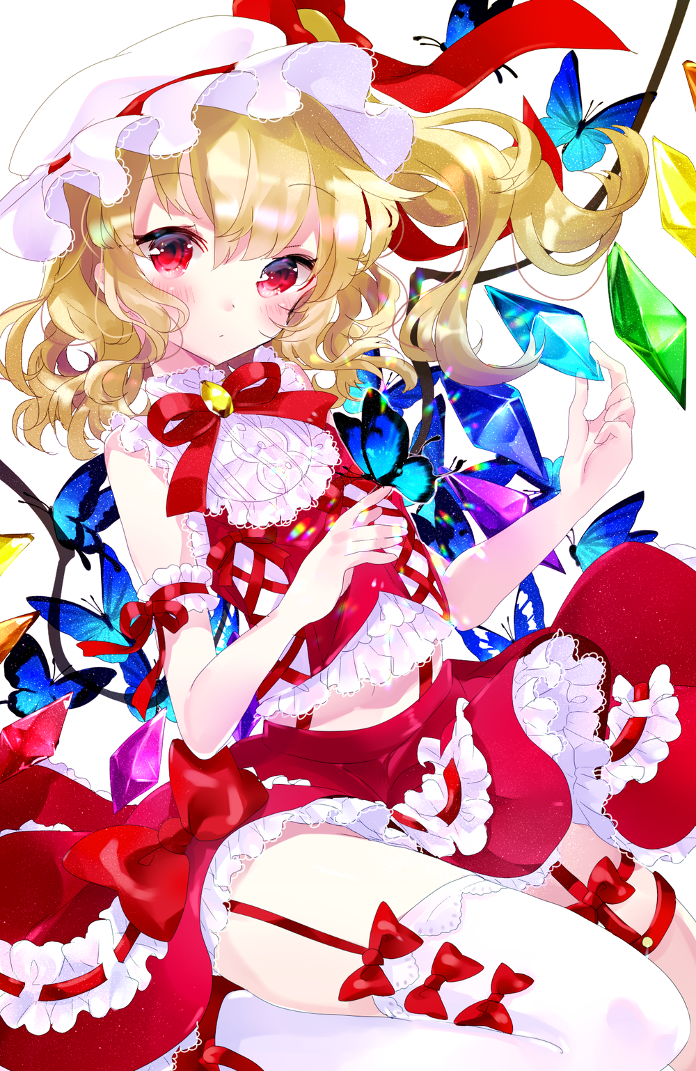 1girl arm_garter blonde_hair blush bow bow_legwear brooch butterfly_on_hand closed_mouth cross-laced_clothes crystal curly_hair expressionless flandre_scarlet folded_leg frilled_shirt frills garter_straps hat hat_ribbon highres holding jewelry looking_at_viewer medium_hair midriff mob_cap navel neck_ribbon one_side_up petticoat red_bow red_eyes red_ribbon red_skirt remimim ribbon ribbon-trimmed_skirt ribbon_trim shirt simple_background single_thighhigh skirt skirt_set sleeveless sleeveless_shirt solo thigh-highs thigh_strap touhou white_background wings
