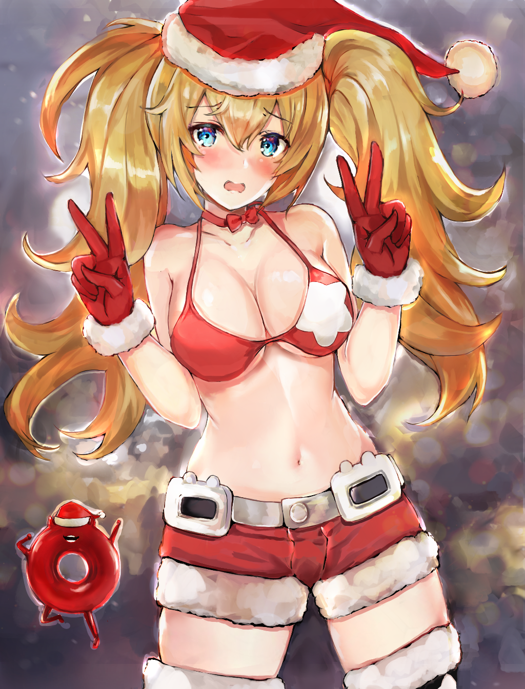 alternate_costume blonde_hair blue_eyes blush breasts enemy_lifebuoy_(kantai_collection) eriyama_(user_csua4255) eyebrows_visible_through_hair gambier_bay_(kantai_collection) gloves hair_between_eyes hat highres kantai_collection large_breasts open_mouth santa_gloves santa_hat shorts twintails v