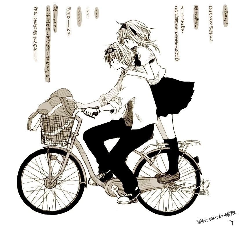1boy 1girl ahoge anzu_(o6v6o) bag bangs bicycle bicycle_basket dual_persona eyewear_on_head from_side genderswap genderswap_(ftm) glasses greyscale ground_vehicle gumi gumiya hairband hands_on_another's_shoulders kneehighs monochrome multiple_riders pants riding school_bag shirt shoes short_hair_with_long_locks short_sleeves simple_background skirt sweatdrop translation_request vocaloid white_background