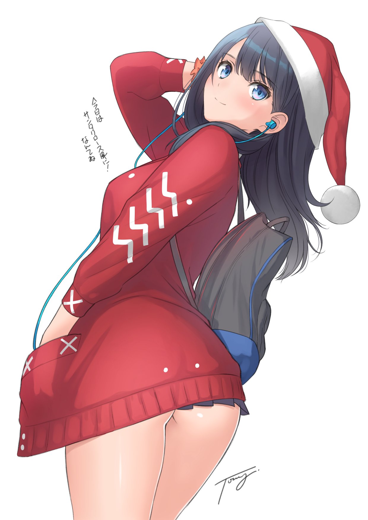 1girl black_hair blue_eyes blush earphones earrings hat highres jewelry long_hair looking_at_viewer looking_back miniskirt santa_costume santa_hat simple_background skirt smile solo tanaka_takayuki white_background wire