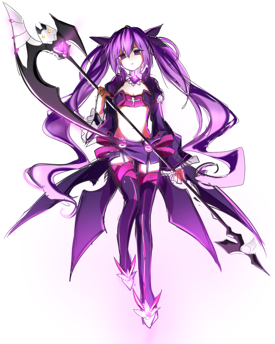1girl aisha_(elsword) boowak1 bow bra breasts choker cleavage elsword floating_hair full_body garter_straps hair_between_eyes hair_bow highres holding holding_weapon long_hair long_sleeves looking_at_viewer midriff miniskirt navel parted_lips purple_bow purple_bra purple_hair purple_legwear purple_skirt purple_sleeves shrug_(clothing) simple_background skirt small_breasts solo stomach striped striped_bra thigh-highs twintails underwear very_long_hair violet_eyes void_princess_(elsword) weapon white_background
