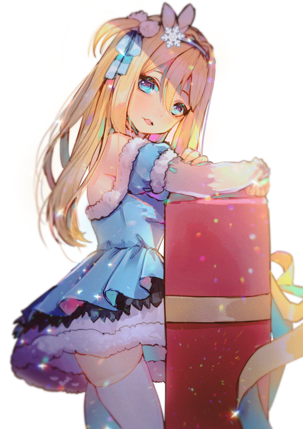 1girl alternate_costume bangs blonde_hair blue_dress blue_eyes blush breasts dress eyebrows_visible_through_hair fur-trimmed_dress gift girls_frontline hair_between_eyes hair_ornament hairband hanato_(seonoaiko) head_tilt highres layered_dress lens_flare light_particles long_hair looking_at_viewer medium_breasts off-shoulder_dress off_shoulder open_mouth sidelocks simple_background skindentation smile snowflake_hair_ornament solo suomi_kp31_(girls_frontline) thigh-highs white_background white_legwear