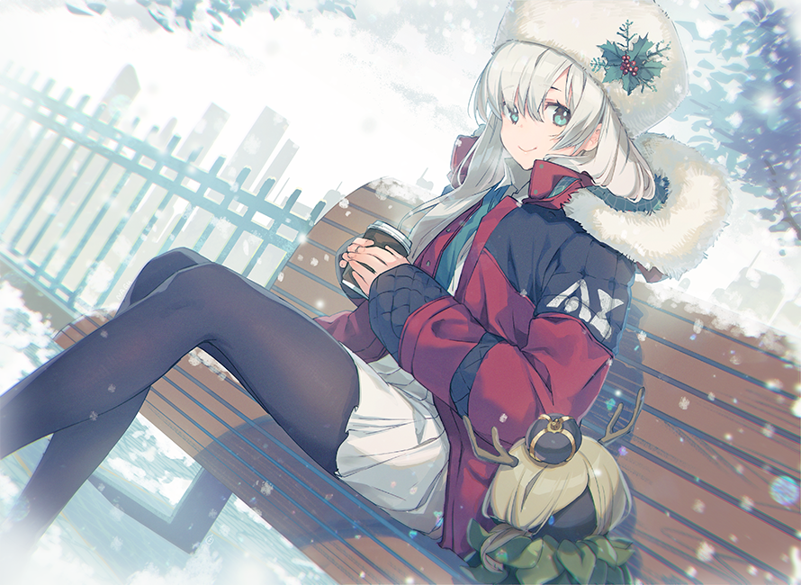 1girl anastasia_(fate/grand_order) aqua_eyes black_legwear blurry christmas chromatic_aberration coat depth_of_field doll down_jacket dutch_angle fate/grand_order fate_(series) fur-trimmed_jacket fur_hat fur_trim grey_skirt hair_ornament hat holding holly holly_hair_ornament jacket long_bangs long_hair long_sleeves looking_at_viewer nagu outdoors pantyhose pleated_skirt red_jacket shvibzik_snow silver_hair sitting skirt smile snow snowflakes snowing solo winter winter_clothes