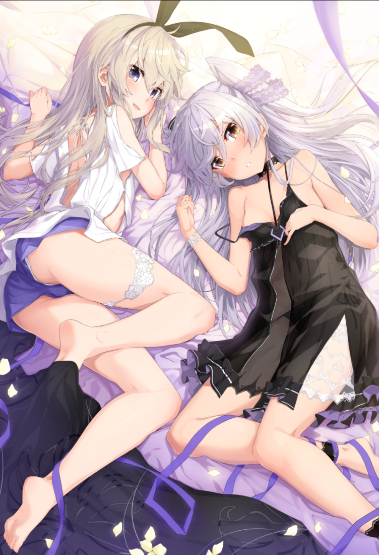 2girls alternate_costume amatsukaze_(kantai_collection) ass bare_legs barefoot black_dress black_panties blonde_hair blue_eyes blush breasts brown_eyes choker commentary_request dress hair_ornament hair_ribbon hair_tubes kantai_collection light_brown_hair long_hair looking_at_viewer lying multiple_girls on_back on_side panties panty_peek ribbon see-through shimakaze_(kantai_collection) short_shorts shorts side-tie_panties silver_hair small_breasts smile strap_slip takanashi_kei_(hitsujikan) two_side_up underwear upshorts violet_eyes white_panties yellow_eyes