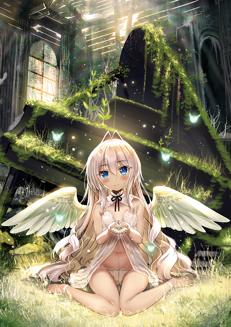 1girl akabane_(zebrasmise) antenna_hair babydoll bangs bare_legs bare_shoulders barefoot black_ribbon blue_eyes blush breasts closed_mouth commentary_request day eyebrows_visible_through_hair feathered_wings grass hair_between_eyes head_tilt indoors instrument long_hair moss neck_ribbon original own_hands_together panties piano ribbon ruins see-through silver_hair sitting small_breasts smile solo sunlight underwear very_long_hair wariza water white_babydoll white_panties white_wings window wings