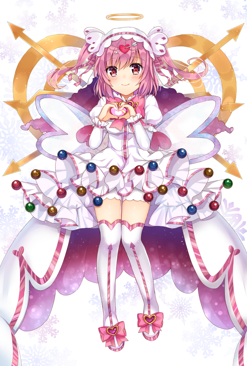 1girl arrow_through_heart bangs blush boots bow bowtie breasts closed_mouth commentary_request dress eyebrows_visible_through_hair frilled_dress frilled_sleeves frills full_body hair_ornament hair_ribbon halo hands_up headdress heart heart_hair_ornament heart_hands highres ikumi_makino juliet_sleeves long_dress long_hair long_sleeves magia_record:_mahou_shoujo_madoka_magica_gaiden mahou_shoujo_madoka_magica pink_hair pink_neckwear pink_ribbon puffy_sleeves red_eyes ribbon shikino_(sikinonono) small_breasts smile snowflakes solo thigh-highs thigh_boots twintails white_background white_dress white_footwear wings