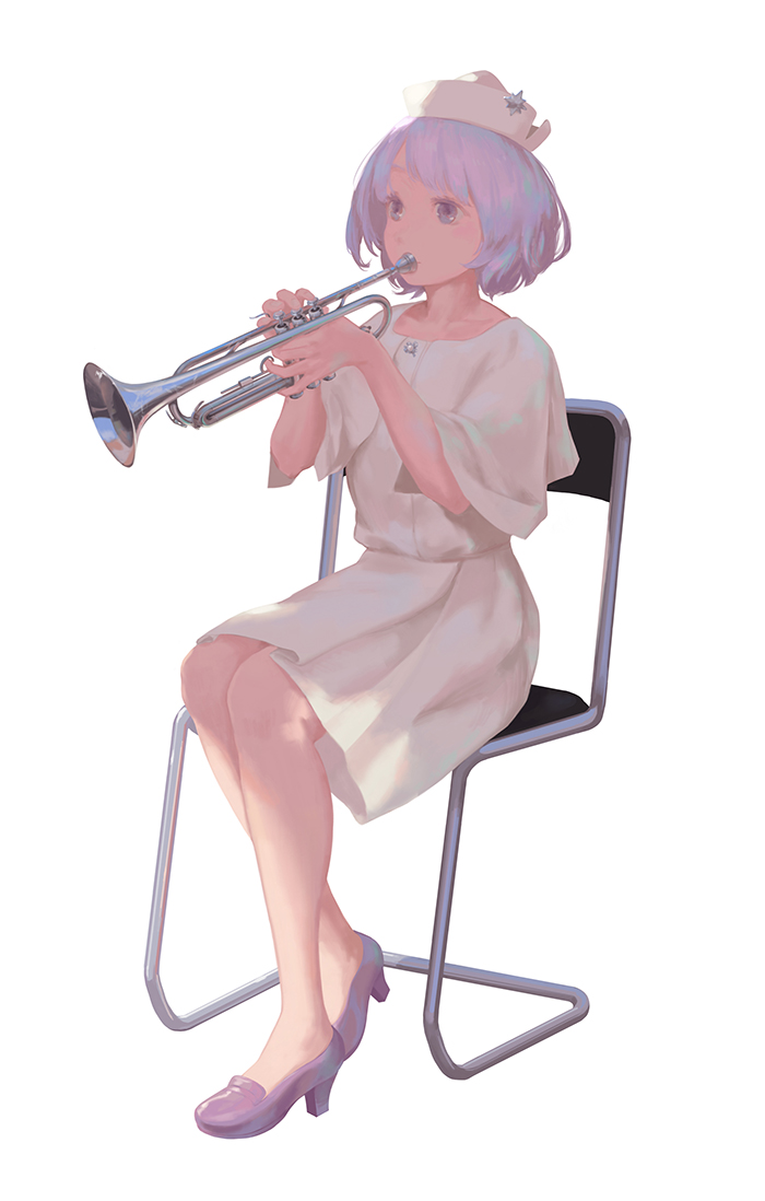 1girl alternate_costume backlighting chair contemporary dress full_body hat instrument jq looking_away merlin_prismriver music no_socks on_chair playing_instrument purple_footwear purple_hair shoes short_hair short_sleeves simple_background sitting solo touhou trumpet violet_eyes white_background white_dress white_hat