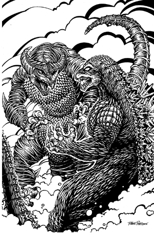 battle claws crossover duel fighting godzilla godzilla_(series) gomora greyscale horn horns kaijuu kaijuverse lowres monochrome monster no_humans open_mouth scales sharp_teeth smoke tail teeth ultra_series ultraman_(1st_series)