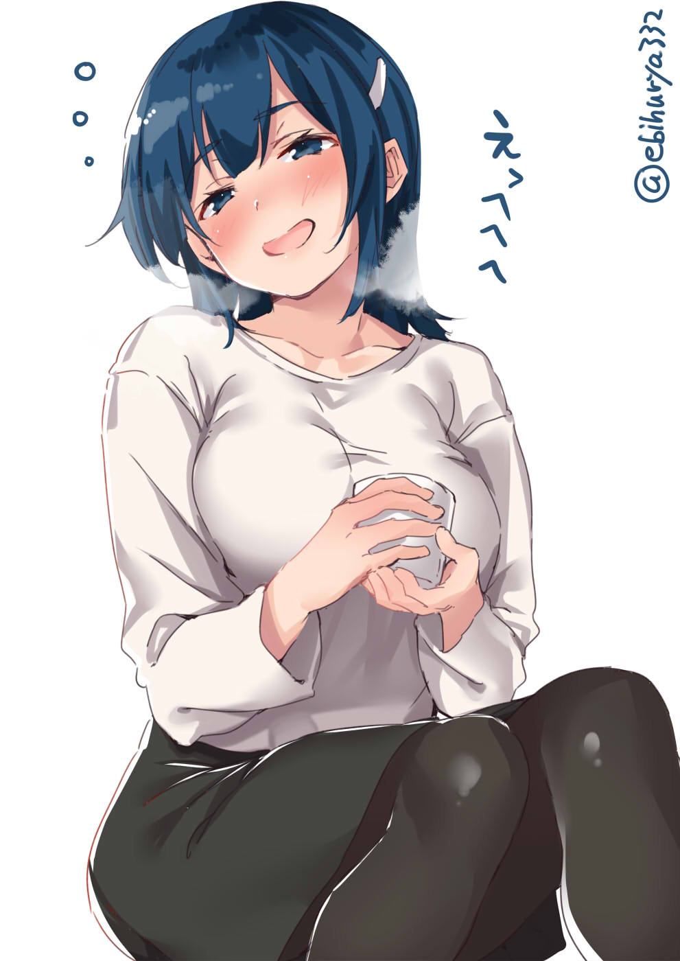 1girl alternate_costume black_legwear black_skirt blue_eyes blue_hair blush breasts casual contemporary drunk ebifurya hair_between_eyes hair_down hair_ornament hairclip half-closed_eyes highres kantai_collection large_breasts long_sleeves looking_at_viewer nose_blush open_mouth shirt sitting skirt solo souryuu_(kantai_collection) steam wavy_mouth white_background white_shirt