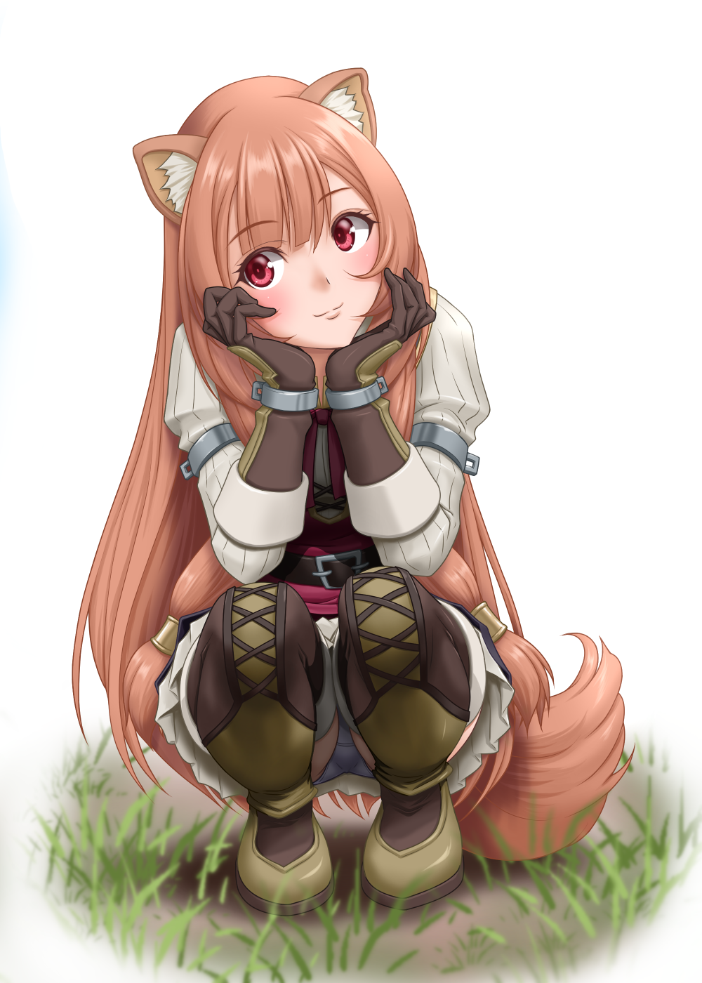 1girl animal_ears bangs blunt_bangs blush full_body highres long_hair panties pantyshot pantyshot_(squatting) raccoon_ears raccoon_tail raphtalia skirt solo squatting t2r tail tate_no_yuusha_no_nariagari underwear white_panties