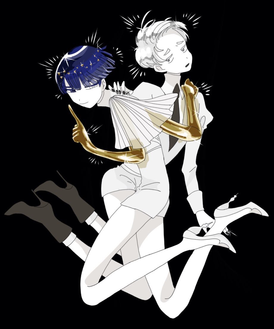 2others androgynous bangs black_background blue_eyes blue_hair blunt_bangs boots cairngorm_(houseki_no_kuni) colored_eyelashes crystal_hair finger_to_mouth frown full_body gem_uniform_(houseki_no_kuni) golden_arms grey_eyes hand_on_another's_shoulder heterochromia high_heel_boots high_heels houseki_no_kuni looking_at_viewer multiple_others necktie phosphophyllite phosphophyllite_(ll) see-through_sleeves short_hair silver_hair smile sone_(sazikiri0302) spoilers thick_eyebrows white_eyes white_hair white_skin