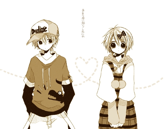 1boy 1girl animal_print anzu_(o6v6o) baseball_cap bow brother_and_sister hair_between_eyes hair_bow hands_on_hips hat hat_writing heart hood hood_down hoodie kagamine_len kagamine_rin long_sleeves monochrome overalls plaid plaid_overalls polka_dot polka_dot_bow pom_pom_(clothes) print_shirt sepia shirt short_hair short_over_long_sleeves short_sleeves siblings side_braids translation_request twins vocaloid