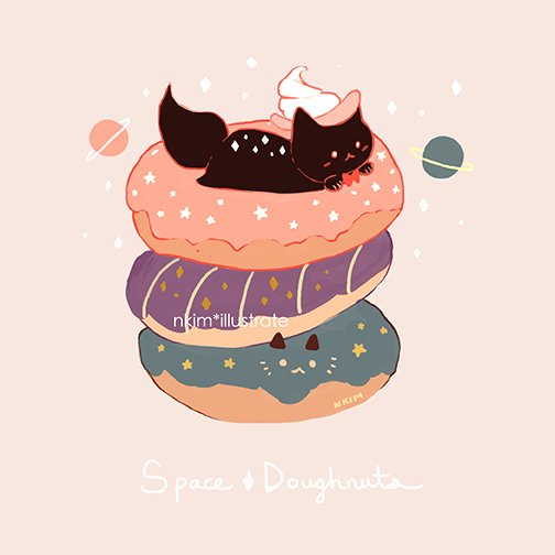 artist_name black_cat bow bowtie cat doughnut english_text food hat nadia_kim no_humans original pink_background planet red_neckwear saturn simple_background sparkle star