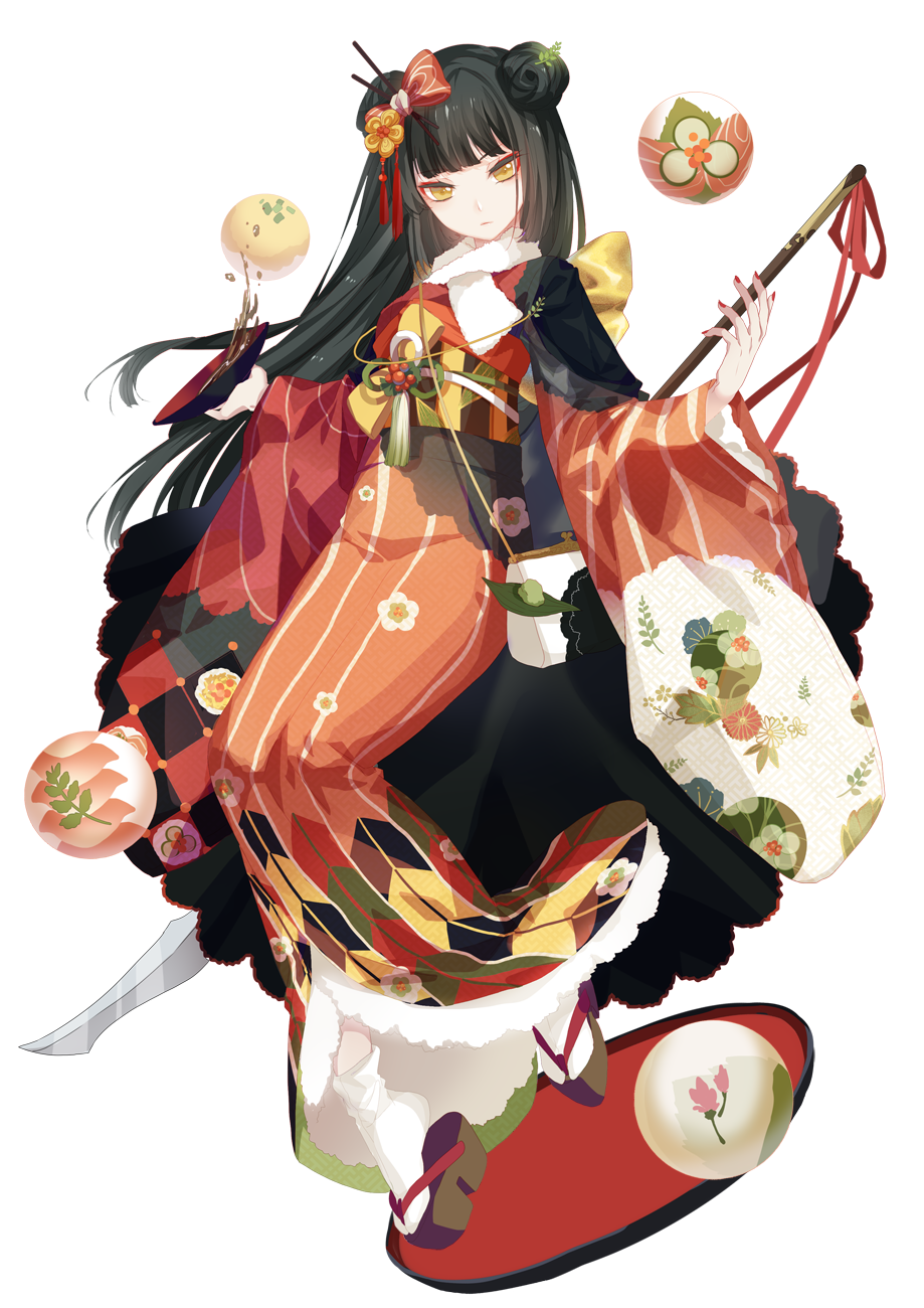1girl bag black_hair bow brown_eyes floral_print food food_fantasy full_body hair_bow hair_ornament hair_stick handbag highres holding holding_spear holding_weapon japanese_clothes kimono long_hair long_sleeves loose_socks nail_polish obi personification polearm red_nails sandals sash simple_background solo soy_sauce spear standing sushi tachi-e very_long_hair weapon white_background white_legwear wide_sleeves