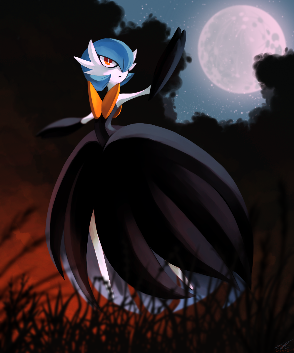 alternate_color aqua_hair arms_up black_dress closed_mouth commentary creatures_(company) dated dress floating full_body full_moon game_freak gardevoir gen_3_pokemon grass highres long_dress male_focus mega_gardevoir mega_pokemon moon night night_sky nintendo no_humans orange_eyes outdoors outstretched_arms pokemon pokemon_(creature) rock-bomber serious shiny_pokemon signature sky solo star_(sky) starry_sky