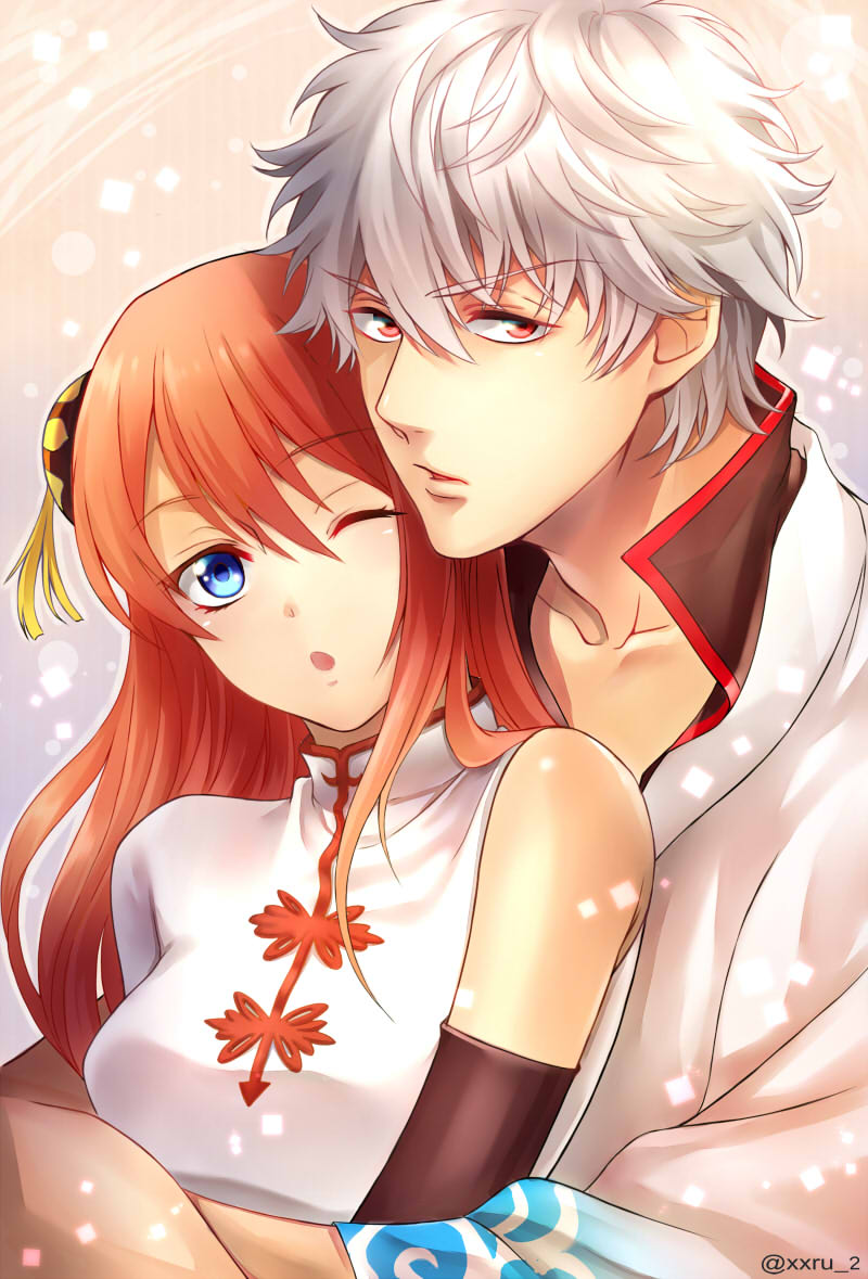 1boy 1girl ;o black_sleeves blue_eyes brown_hair collarbone detached_sleeves eyebrows_visible_through_hair gintama hair_between_eyes hair_bun hug hug_from_behind kagura_(gintama) long_hair long_sleeves looking_at_viewer one_eye_closed orange_eyes sakata_gintoki shiny shiny_hair shirt silver silver_hair sleeveless sleeveless_shirt white_shirt xxru_2