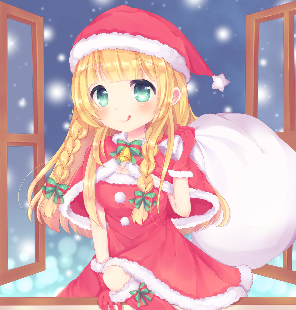 1girl :q arm_support bangs blonde_hair blush boots bow braid breasts capelet caramel_(caramelmilk) christmas cleavage commentary_request dress eyebrows_visible_through_hair fur-trimmed_boots fur-trimmed_capelet fur-trimmed_dress fur-trimmed_gloves fur-trimmed_hat fur_trim gloves green_bow green_eyes hair_bow hat holding holding_sack indoors knee_boots long_hair looking_at_viewer medium_breasts open_window original red_capelet red_dress red_footwear red_gloves red_hat sack santa_costume santa_hat side_braids snowing solo striped striped_bow tongue tongue_out twin_braids very_long_hair window