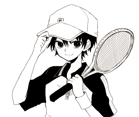 1boy adjusting_headwear anzu_(o6v6o) baseball_cap collared_shirt echizen_ryooma greyscale hair_between_eyes hat holding looking_at_viewer male_focus monochrome polo_shirt racket raglan_sleeves shirt short_sleeves smile solo sweatband tennis_no_ouji-sama tennis_racket upper_body