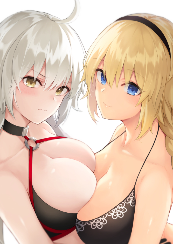 2girls ahoge anza_tomo ass bangs bare_shoulders bikini black_bikini black_choker black_gloves blonde_hair blue_eyes blush breast_press breasts choker cleavage closed_mouth collarbone commentary_request fate/grand_order fate_(series) gloves hair_between_eyes hairband jeanne_d'arc_(alter_swimsuit_berserker) jeanne_d'arc_(fate)_(all) jeanne_d'arc_(swimsuit_archer) large_breasts long_braid long_hair looking_at_viewer multiple_girls o-ring o-ring_bikini o-ring_top silver_hair simple_background smile swimsuit symmetrical_docking very_long_hair white_background yellow_eyes