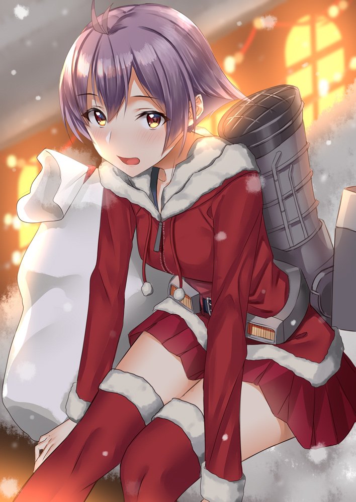 1girl :d antenna_hair arm_support bangs belt blurry blush breasts christmas coat collarbone commentary_request depth_of_field drawstring fur-trimmed_coat fur-trimmed_legwear fur-trimmed_sleeves fur_trim kantai_collection long_sleeves looking_at_viewer machinery miniskirt open_mouth outdoors pallad pleated_skirt purple_hair red_coat red_legwear red_skirt sack sailor_collar sailor_shirt sakawa_(kantai_collection) santa_costume shirt short_hair sidelocks sitting skirt small_breasts smile smokestack snowing solo tareme thigh-highs yellow_eyes zettai_ryouiki