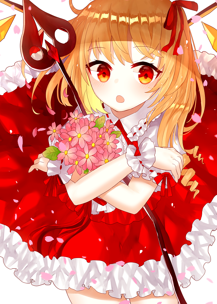 1girl :o bangs blonde_hair bouquet cowboy_shot crossed_arms daisy embellished_costume eyebrows_visible_through_hair flandre_scarlet flower frilled_skirt frills hair_ribbon holding holding_bouquet holding_sword holding_weapon laevatein looking_at_viewer no_hat no_headwear petals puffy_short_sleeves puffy_sleeves red_eyes red_skirt red_vest ribbon sakipsakip shiny shiny_hair short_hair short_sleeves side_ponytail simple_background skirt skirt_set solo sword touhou vest weapon white_background wings wrist_cuffs