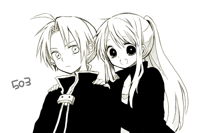 &gt;:( 1boy 1girl :d ahoge alphonse_elric anzu_(o6v6o) bangs cloak frown fullmetal_alchemist greyscale hands_on_another's_shoulders long_hair long_sleeves looking_at_viewer monochrome open_mouth ponytail sidelocks smile upper_body v-shaped_eyebrows winry_rockbell