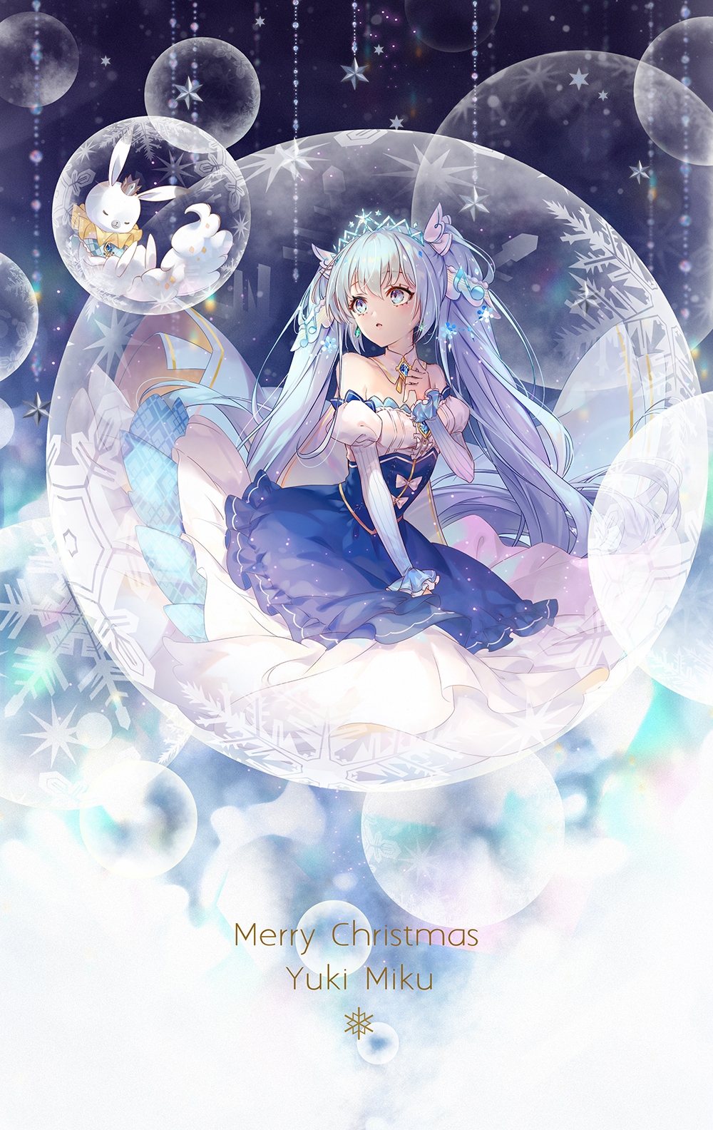 1girl bangs bare_shoulders blue_dress blue_eyes blue_hair character_name dress eyebrows_visible_through_hair hatsune_miku highres in_bubble long_hair merry_christmas minland4099 rabbit snowflakes strapless strapless_dress twintails very_long_hair vocaloid yuki_miku yukine_(vocaloid)