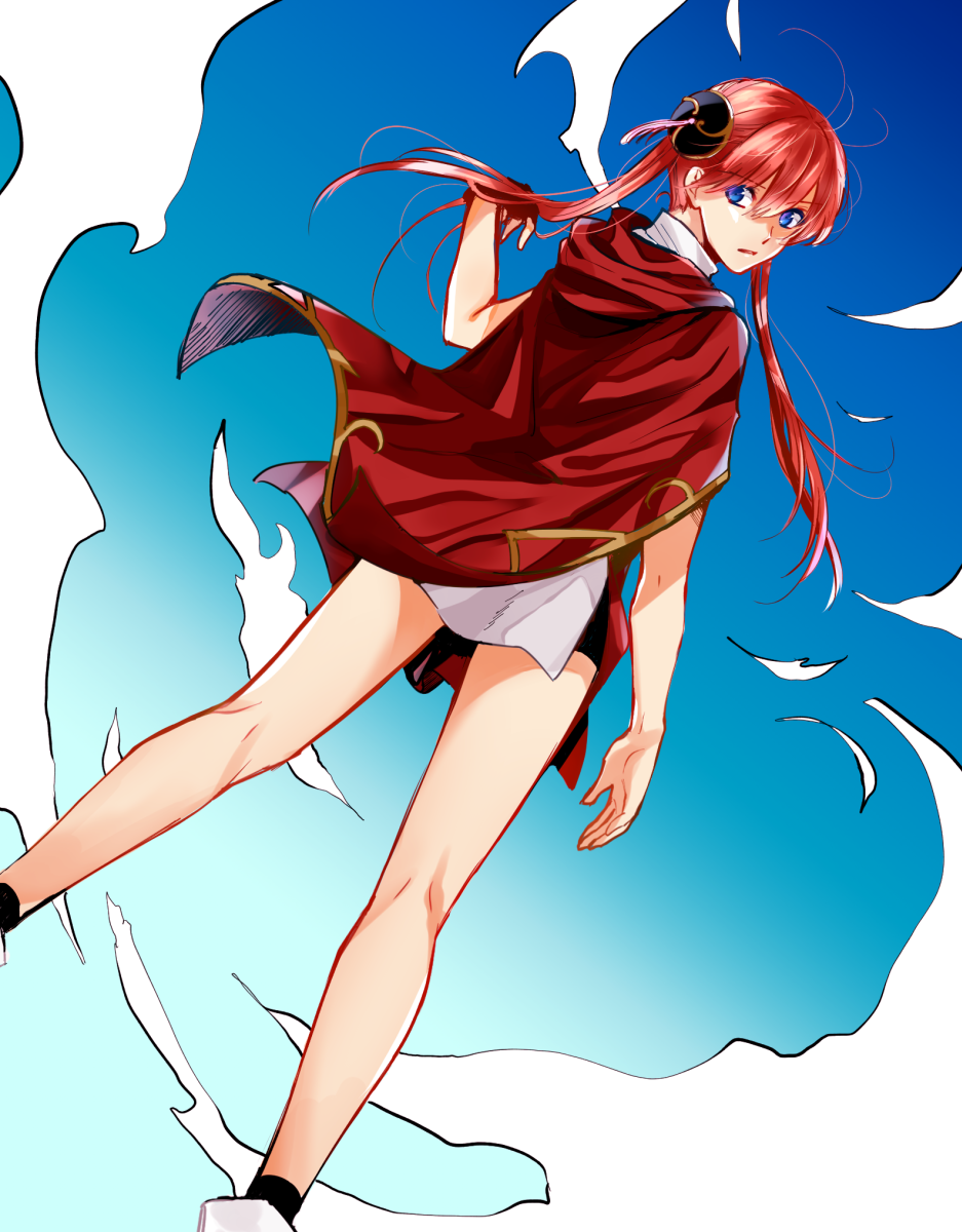 1girl blue_eyes blue_sky cape eyebrows_visible_through_hair floating_hair from_behind from_below gintama gradient_sky hair_between_eyes hair_bun highres kagura_(gintama) long_hair looking_at_viewer mutospectacle red_cape redhead shiny shiny_hair sky solo twintails