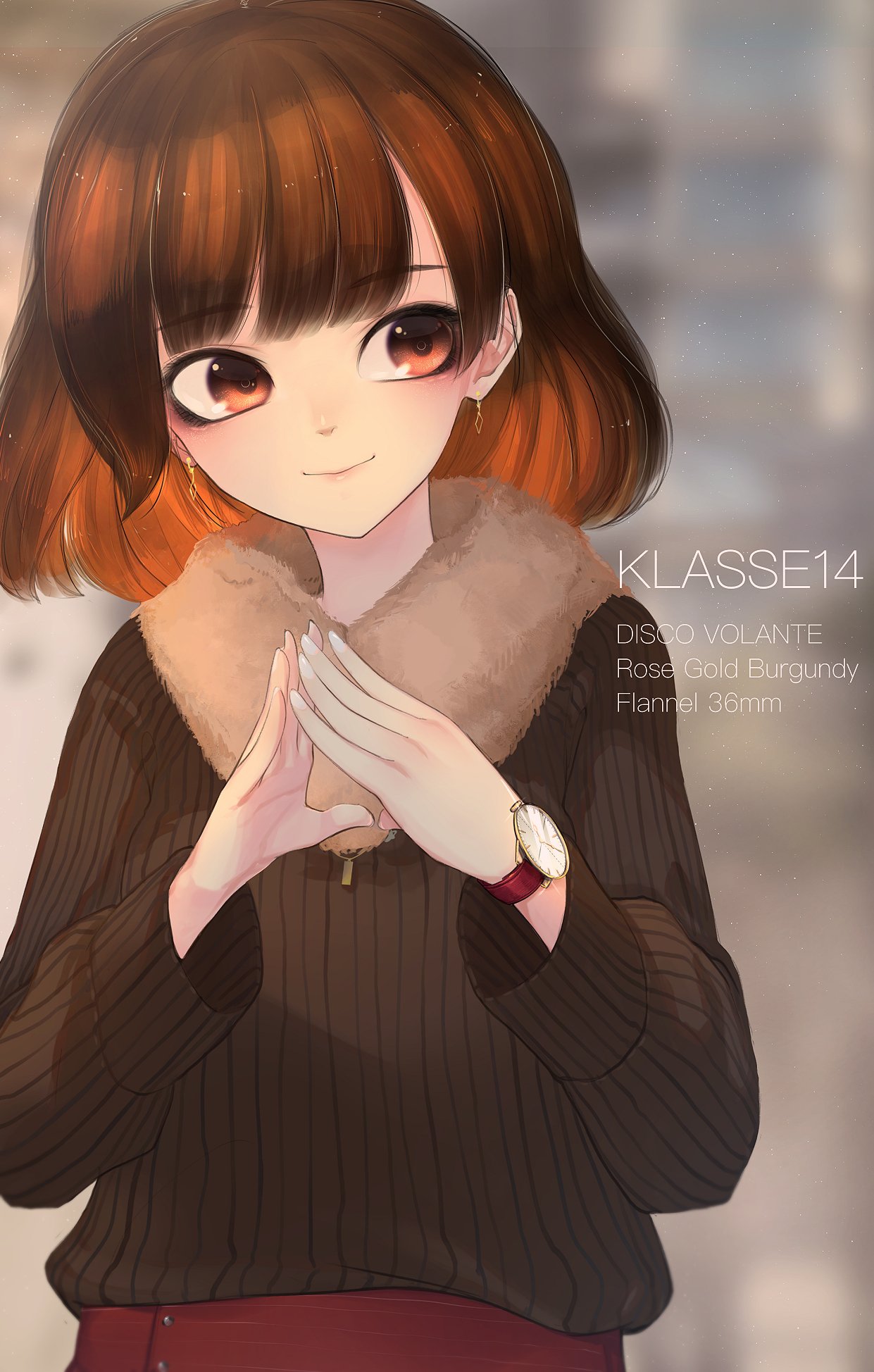 1girl bangs blurry blurry_background brown_eyes brown_hair brown_sweater closed_mouth commentary_request earrings english_text eyebrows_visible_through_hair fur_collar hands_up head_tilt highres jewelry kashu_(hizake) klasse14 long_sleeves looking_away medium_hair nail_polish original red_skirt ribbed_sweater shirt_tucked_in sideways_glance skirt smile solo standing steepled_fingers sweater watch watch white_nails