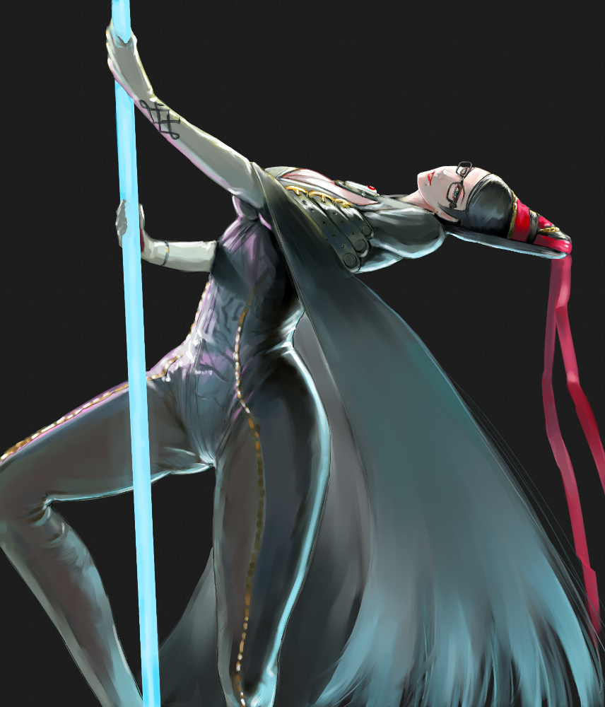 1girl a_ichiro amulet ankle_gun bayonetta bayonetta_(character) beehive_hairdo black_hair bodysuit candy cleavage_cutout eyeshadow food glasses gun handgun lips lipstick lollipop long_hair looking_at_viewer makeup mole mole_under_mouth pole pole_dancing quadruple_wielding simple_background smile solo weapon