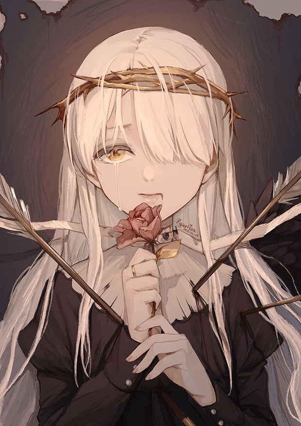 1girl arrow artist_name bandaged_neck bangs black_dress black_wings blood blood_from_mouth closed_mouth collar crown_of_thorns crying crying_with_eyes_open dated dress feathered_wings flower hair_over_one_eye hands_up holding holding_flower jewelry juliet_sleeves kyuri_tizu long_hair long_sleeves looking_at_viewer original pink_flower pink_rose puffy_sleeves ring rose single_wing solo tears upper_body white_collar white_hair wings yellow_eyes