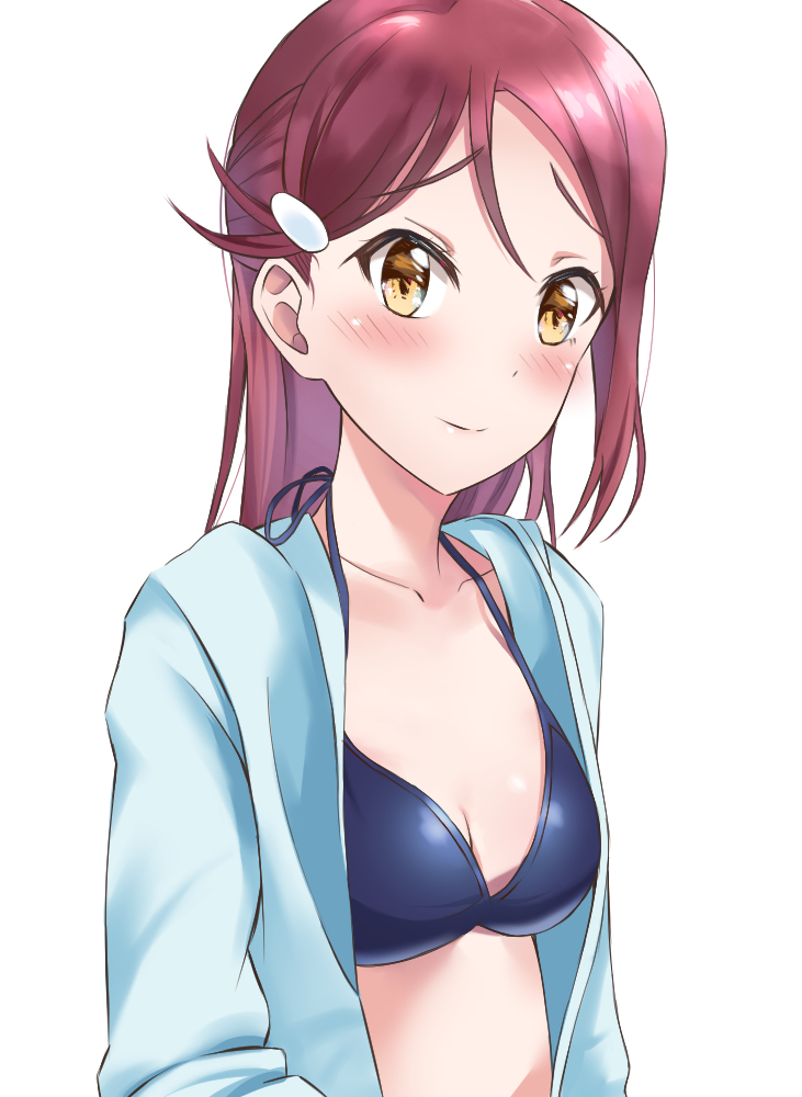 1girl blue_bikini_top blue_jacket blush breasts cleavage collarbone hair_ornament hairclip halterneck jacket long_hair love_live! love_live!_sunshine!! open_clothes open_jacket redhead sakurauchi_riko simple_background small_breasts smile solo upper_body white_background yamamoto_chavez yellow