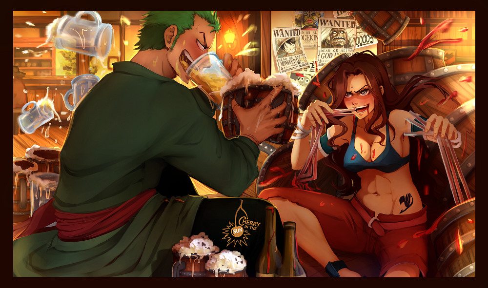1boy 1girl abs alcohol armband artist_logo artist_name bare_shoulders barrel beer beer_mug belt black_border blue_eyes blush border breasts brown_hair cana_alberona cherry_in_the_sun cleavage coat commentary commission crossover cup drinking drinking_straw drunk english_commentary evil_smile fairy_tail green_hair half-closed_eyes happy_(fairy_tail) holding holding_cup indoors long_hair long_sleeves looking_at_another mask monkey_d_luffy navel no_shirt nose_blush one_piece open_mouth pants poster_(object) roronoa_zoro short_hair sideburns sidelocks sitting smile sogeking splashing sports_bra spread_legs stomach stomach_tattoo sweat tattoo tavern toned usopp v-shaped_eyebrows wanted