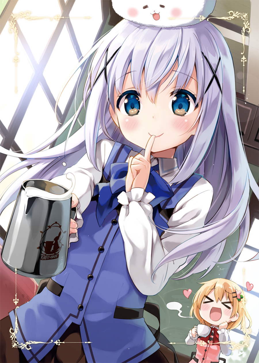 &gt;_&lt; 2girls :d blonde_hair blue_eyes blush commentary_request cup eretto eyebrows_visible_through_hair finger_to_mouth gochuumon_wa_usagi_desu_ka? hair_ornament hairclip heart highres hoto_cocoa indoors kafuu_chino lavender_hair long_hair looking_at_viewer milk multiple_girls open_mouth pitcher rabbit_house_uniform smile tippy_(gochiusa) window x_hair_ornament xd