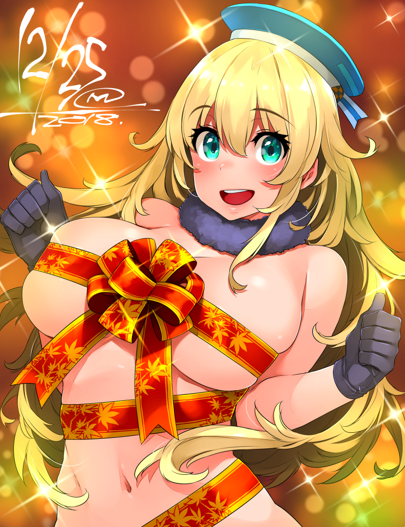 1girl atago_(kantai_collection) beret blonde_hair blue_hat breasts dated eyebrows_visible_through_hair gloves green_eyes happa_(cloverppd) hat kantai_collection large_breasts long_hair looking_at_viewer navel open_mouth red_ribbon ribbon solo teeth