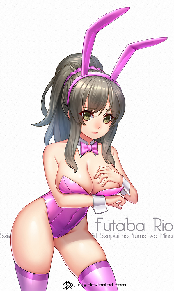 1girl animal_ears bow bowtie breasts brown_eyes brown_hair bunny_girl bunny_tail bunnysuit character_name cleavage copyright_name cowboy_shot detached_collar futaba_rio jurrig large_breasts leotard long_hair looking_at_viewer pink_legwear pink_leotard pink_neckwear ponytail rabbit_ears seishun_buta_yarou simple_background solo standing strapless strapless_leotard tail thigh-highs watermark web_address white_background wrist_cuffs