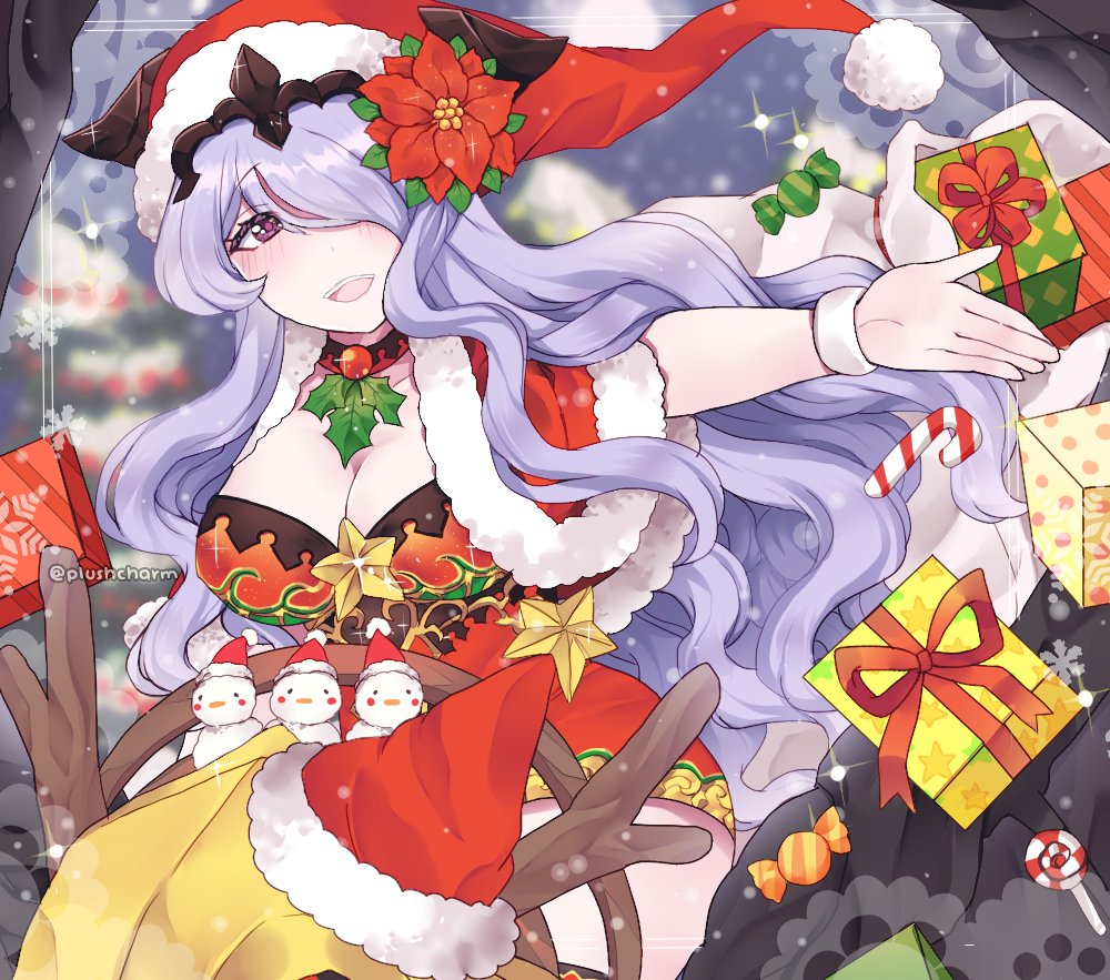 1girl antlers box breasts camilla_(fire_emblem_if) candy candy_cane choker cleavage fire_emblem fire_emblem_if flower food fur_trim gift gift_box hair_flower hair_ornament hair_over_one_eye hat lollipop long_hair nintendo open_mouth plushcharm pom_pom_(clothes) purple_hair red_hat reindeer_antlers santa_costume santa_hat snowflakes solo tiara twitter_username violet_eyes wristband