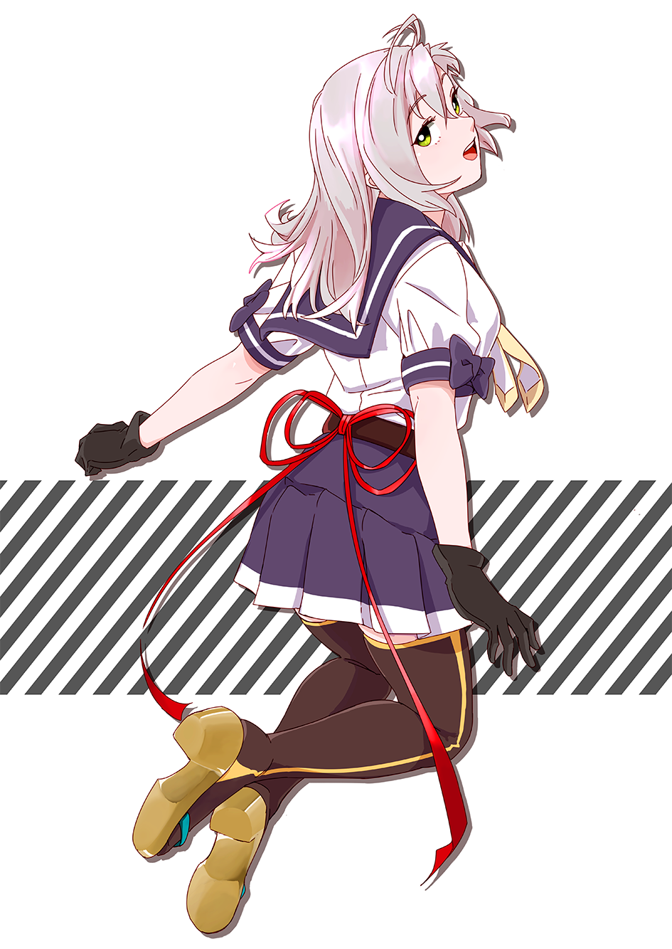 1girl ahoge antenna_hair belt black_gloves boots brown_legwear from_behind gloves green_eyes grey_hair highres kantai_collection kinugasa_(kantai_collection) neckerchief necktie ojipon pleated_skirt purple_skirt red_ribbon remodel_(kantai_collection) ribbon sailor_collar school_uniform serafuku skirt solo thigh-highs thigh_boots two-tone_background white_background yellow_neckwear