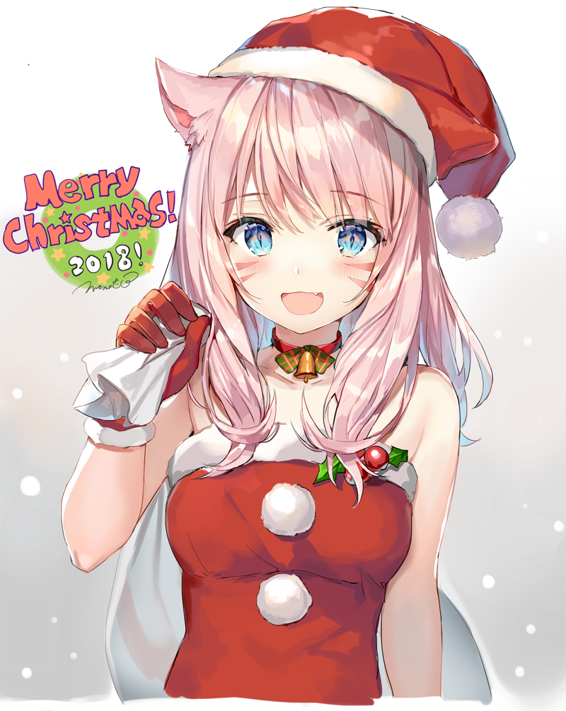 1girl 2018 :d animal_ear_fluff animal_ears bangs bell bell_choker blue_eyes blush breasts cat_ears choker collarbone commentary_request dress eyebrows_visible_through_hair facial_mark fang final_fantasy final_fantasy_xiv fur-trimmed_dress fur-trimmed_gloves fur_trim gift_bag gloves gradient gradient_background grey_background hair_between_eyes hand_up hat holding holding_sack long_hair looking_at_viewer medium_breasts merry_christmas miqo'te momoko_(momopoco) open_mouth pink_hair red_choker red_dress red_gloves red_hat sack santa_costume santa_gloves santa_hat signature smile solo strapless strapless_dress upper_body whisker_markings white_background