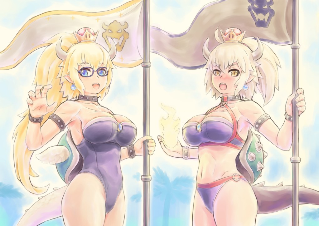 2girls :d banner bikini black-framed_eyewear blonde_hair blush bowsette bowsette_(cosplay) breasts collar commentary cosplay covered_navel d: earrings embarrassed english_commentary eyebrows_visible_through_hair fate/apocrypha fate/grand_order fate_(series) fingernails fire flag glasses holding horns jeanne_d'arc_(alter)_(fate) jeanne_d'arc_(fate) jeanne_d'arc_(fate)_(all) jewelry kensaint large_breasts leotard lizard_tail looking_at_viewer super_mario_bros. midriff multiple_girls new_super_mario_bros._u_deluxe nintendo open_mouth pointy_ears ponytail purple_bikini purple_leotard smile studded_bracelet studded_collar super_crown swimsuit tail tokyo_mx type-moon yellow_eyes