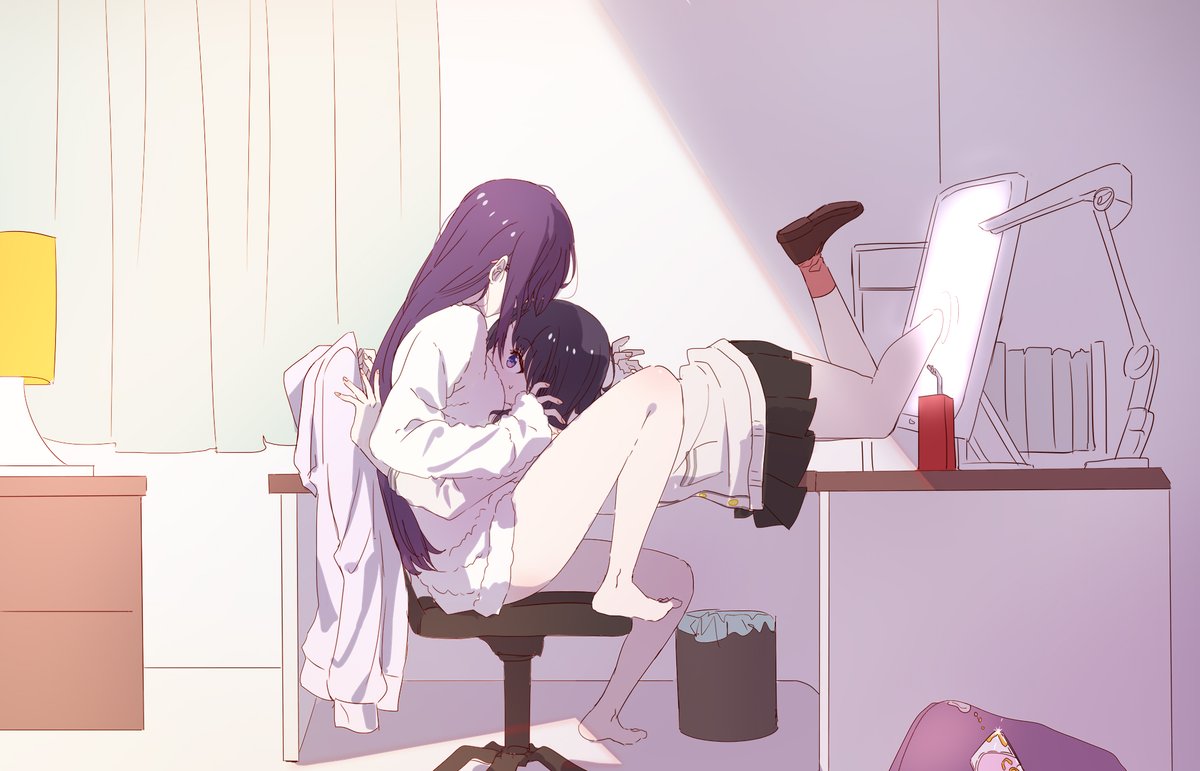 2girls bathrobe black_hair black_skirt book brown_footwear chair chest_of_drawers commentary computer curtains desk head_in_chest image_sample lamp lampshade legs light long_hair monitor multiple_girls on_chair purple_hair shinjou_akane shinjou_akane_(real) shirt short_hair sitting sitting_on_object skirt spoilers ssss.gridman takarada_rikka thighs through_screen trash_can twitter_sample usamin_(artist) violet_eyes wall white_shirt yellow_buttons