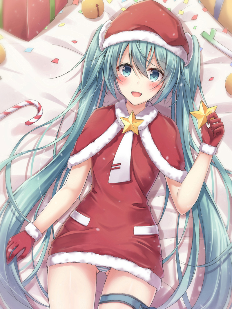 1girl :d akira_(been0328) bangs bed_sheet bell blush box candy candy_cane capelet christmas commentary_request dress dutch_angle eyebrows_visible_through_hair food fur-trimmed_capelet fur-trimmed_dress fur-trimmed_gloves fur-trimmed_hat fur_trim gift gift_box gloves green_eyes green_hair hair_between_eyes hat hatsune_miku holding holding_star jingle_bell long_hair looking_at_viewer lying on_back open_mouth panties red_capelet red_dress red_gloves red_hat santa_costume santa_hat smile solo spring_onion star striped striped_panties twintails underwear very_long_hair vocaloid white_neckwear