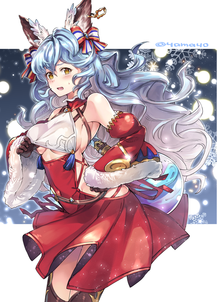 1girl @_@ animal_ears backless_dress backless_outfit bangs bare_shoulders blue_hair blush breasts brown_gloves brown_legwear christmas covered_navel detached_sleeves dress earrings erune ferry_(granblue_fantasy) fur-trimmed_sleeves fur_trim gloves granblue_fantasy hair_between_eyes highres jewelry long_hair long_sleeves looking_at_viewer medium_breasts open_mouth rabbit_ears red_dress sideboob single_earring sleeveless solo super_zombie thigh-highs under_boob very_long_hair wavy_hair wide_sleeves