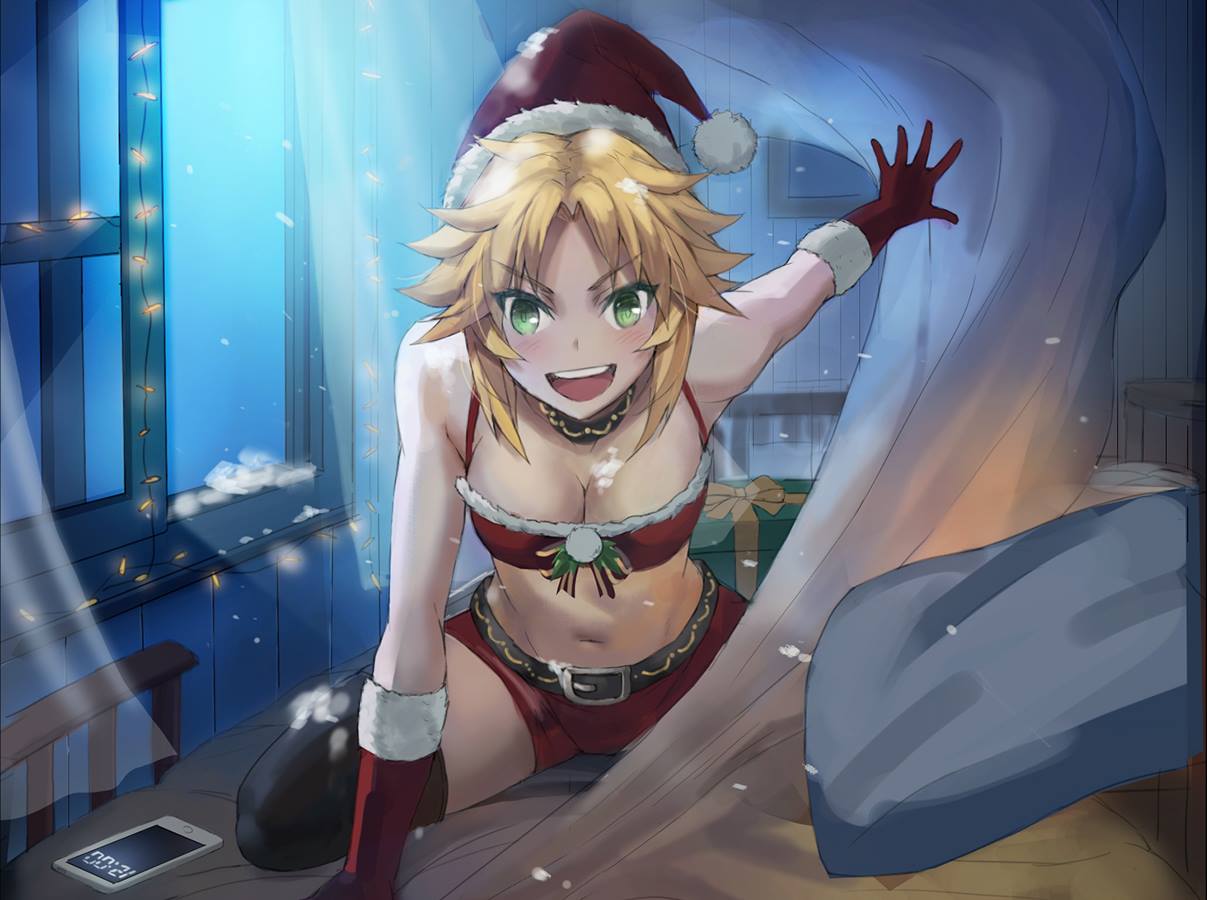 1girl bed black_legwear blanket blonde_hair blush breasts cellphone christmas christmas_lights cleavage collar fate/apocrypha fate_(series) gift gloves green_eyes hat looking_at_viewer medium_breasts mordred_(fate) mordred_(fate)_(all) navel night open_mouth open_window phone pillow santa_costume santa_hat shorts smartphone smile snow solo stomach thigh-highs tonee window