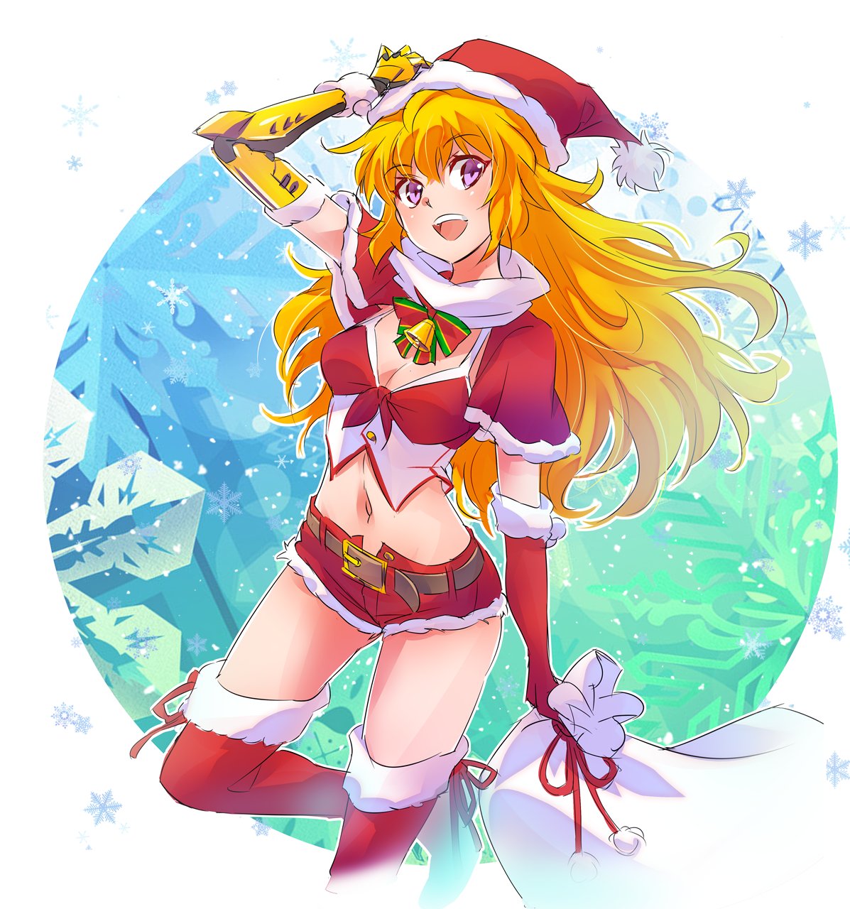 1girl blonde_hair boots breasts christmas cleavage commentary gloves hat highres iesupa long_hair navel prosthesis prosthetic_arm rwby sack santa_boots santa_costume santa_gloves santa_hat shorts snowflakes snowing solo violet_eyes yang_xiao_long