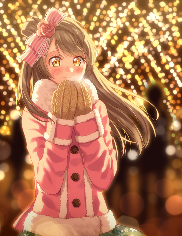 1girl bangs blurry blurry_background blush bokeh bow breath brown_mittens christmas christmas_lights coat commentary_request depth_of_field flower fur-trimmed_coat fur-trimmed_sleeves fur_collar fur_trim grey_hair hair_bow hair_flower hair_ornament hands_up hoshisakura_(starblossom) looking_at_viewer love_live! love_live!_school_idol_project minami_kotori mittens night one_side_up outdoors pink_bow pink_coat pink_flower pink_rose rose smile solo striped striped_bow upper_body yellow_eyes